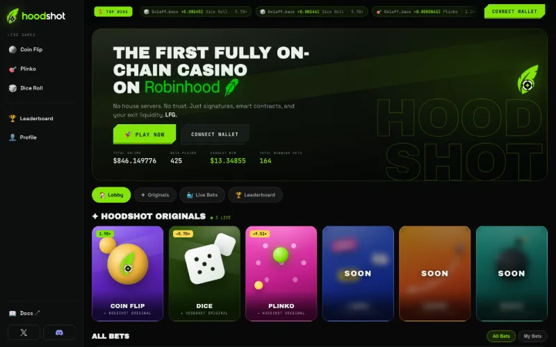 Screenshot: hoodshot.games home page